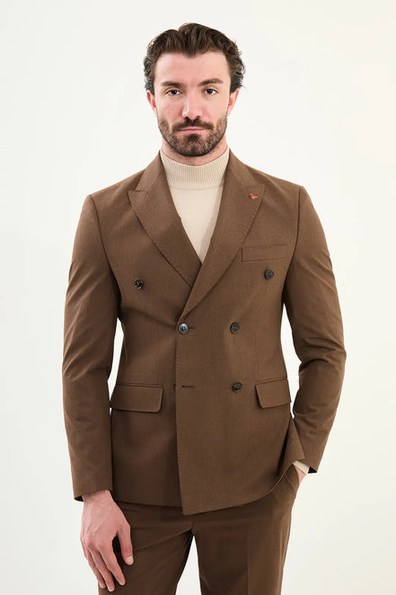 Brown Double Breasted Slim Fit Suit
