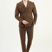 Brown Double Breasted Slim Fit Suit