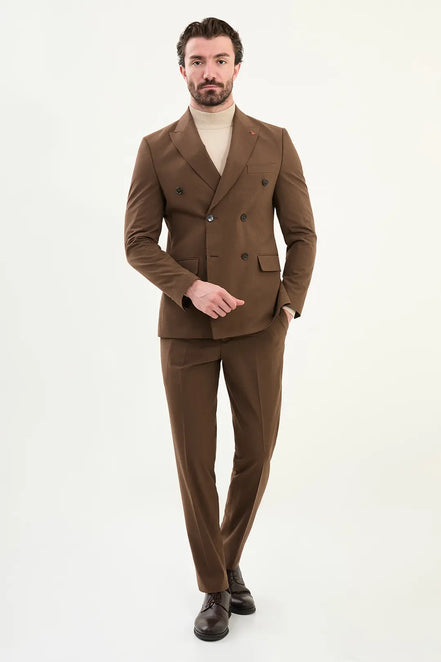 Brown Double Breasted Slim Fit Suit