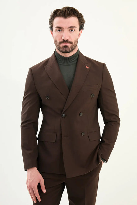 Coffee Brown Double Breasted Slim Fit Suit