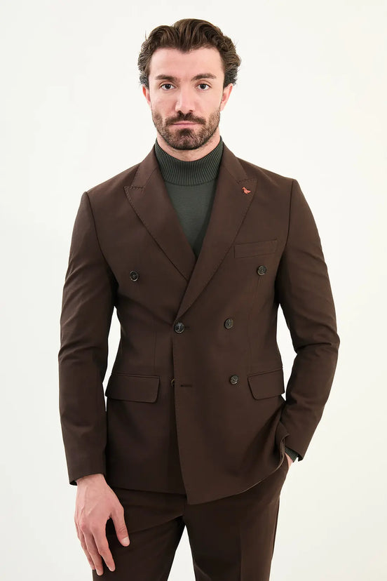 Coffee Brown Double Breasted Slim Fit Suit