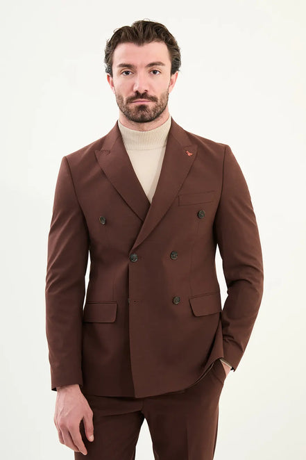 Dark Brown Double Breasted Slim Fit Suit