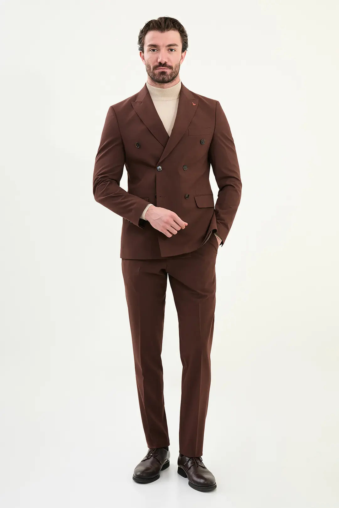 Dark Brown Double Breasted Slim Fit Suit