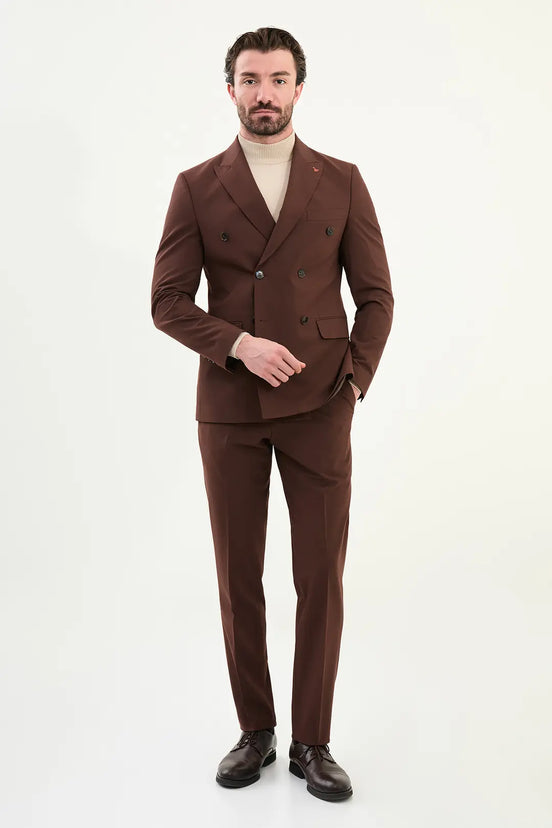 Dark Brown Double Breasted Slim Fit Suit