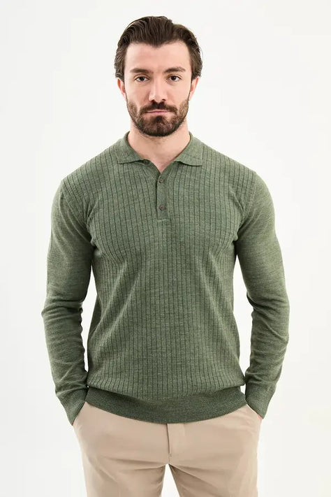 Mens Green Wool Polo Sweater