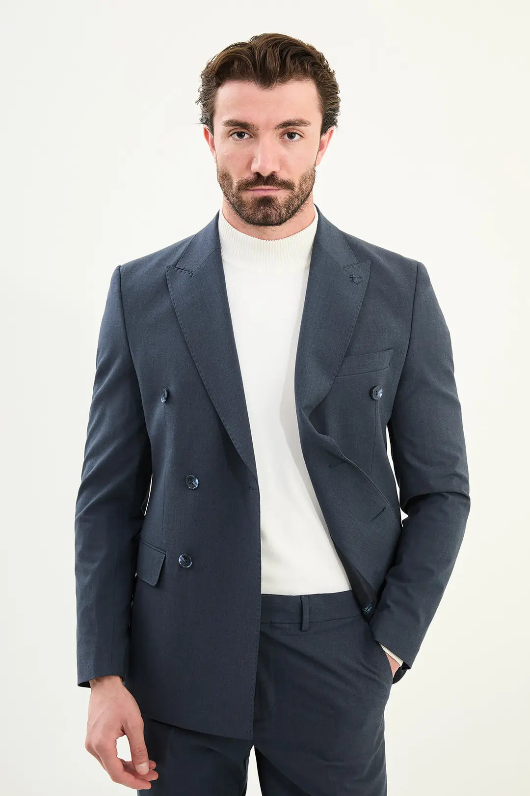 Indigo Double Breasted Slim Fit Suit