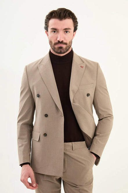 Light Brown Double Breasted Slim Fit Suit