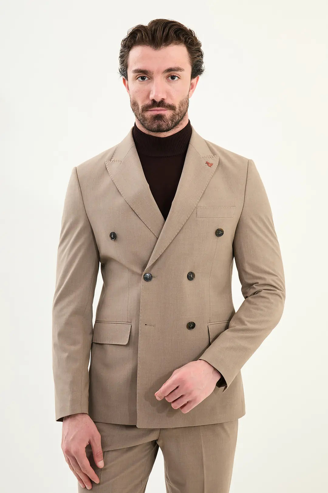 Light Brown Double Breasted Slim Fit Suit