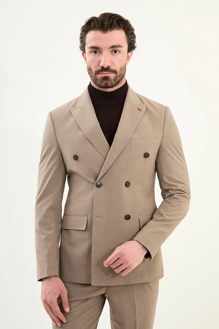 Light Brown Double Breasted Slim Fit Suit