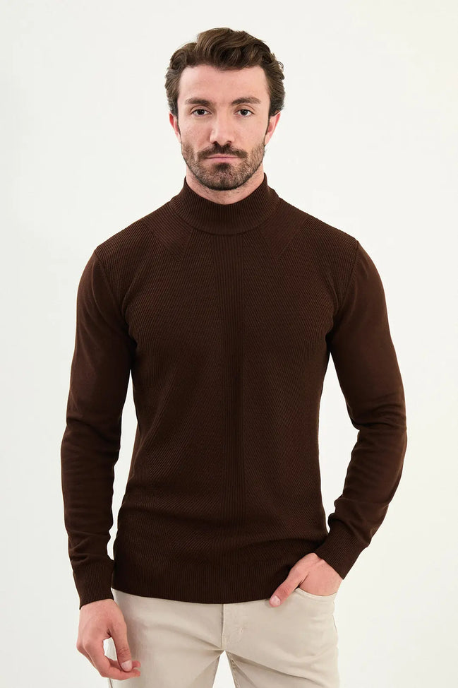 Striped Dark Brown Mock Turtleneck Sweater