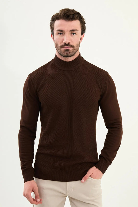 Striped Dark Brown Mock Turtleneck Sweater