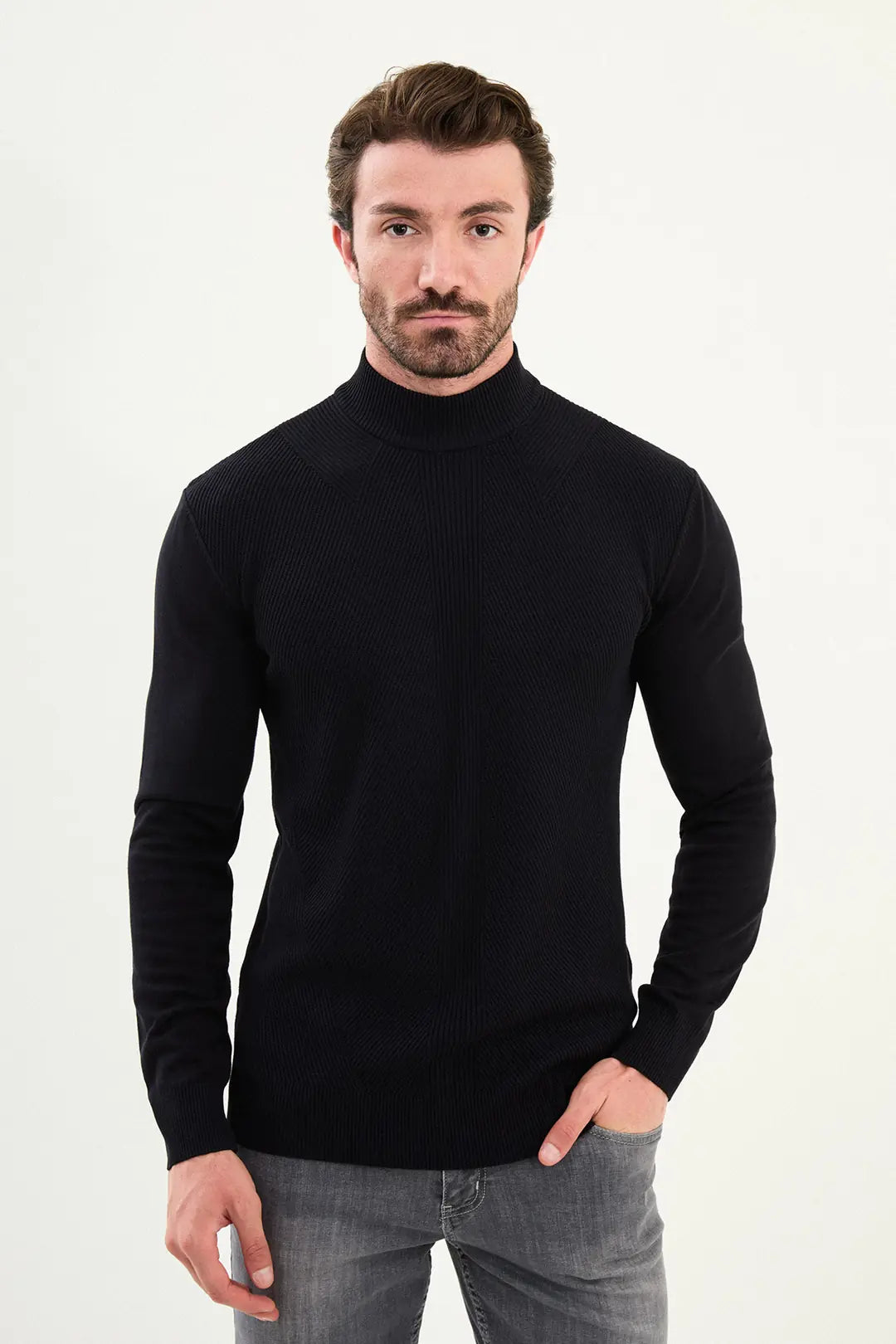 Striped Navy Blue Mock Turtleneck Sweater