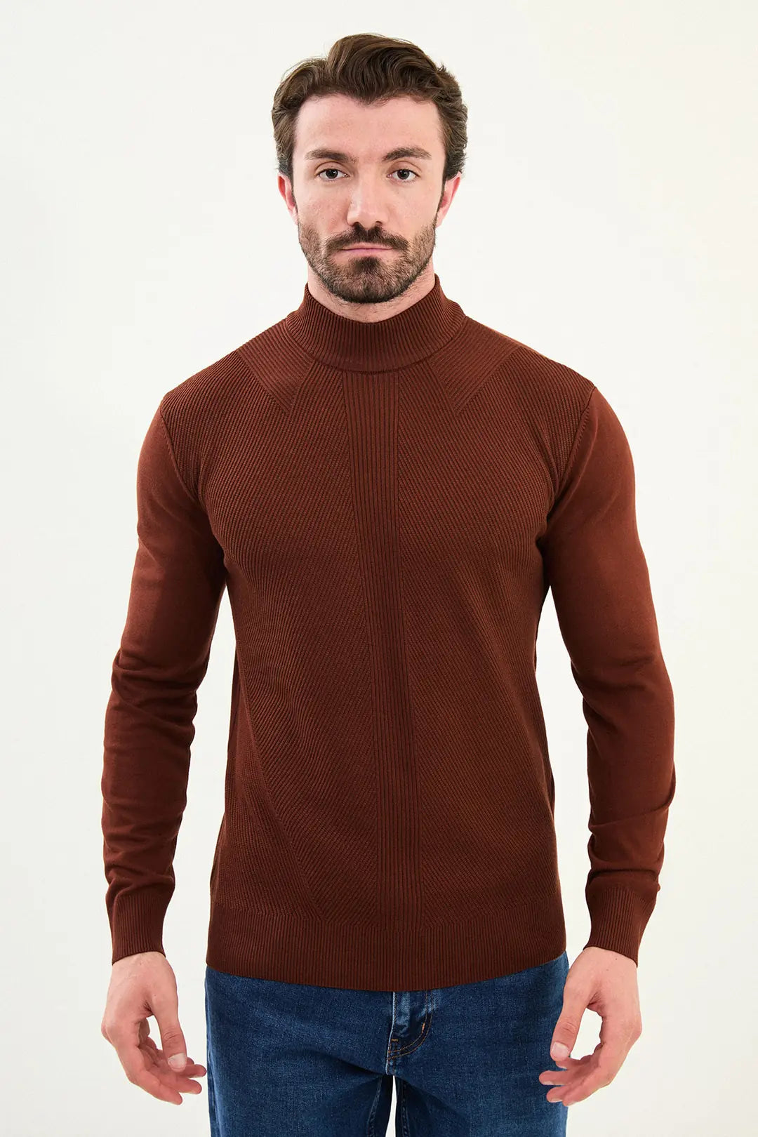 Striped Rust Brown Mock Turtleneck Sweater