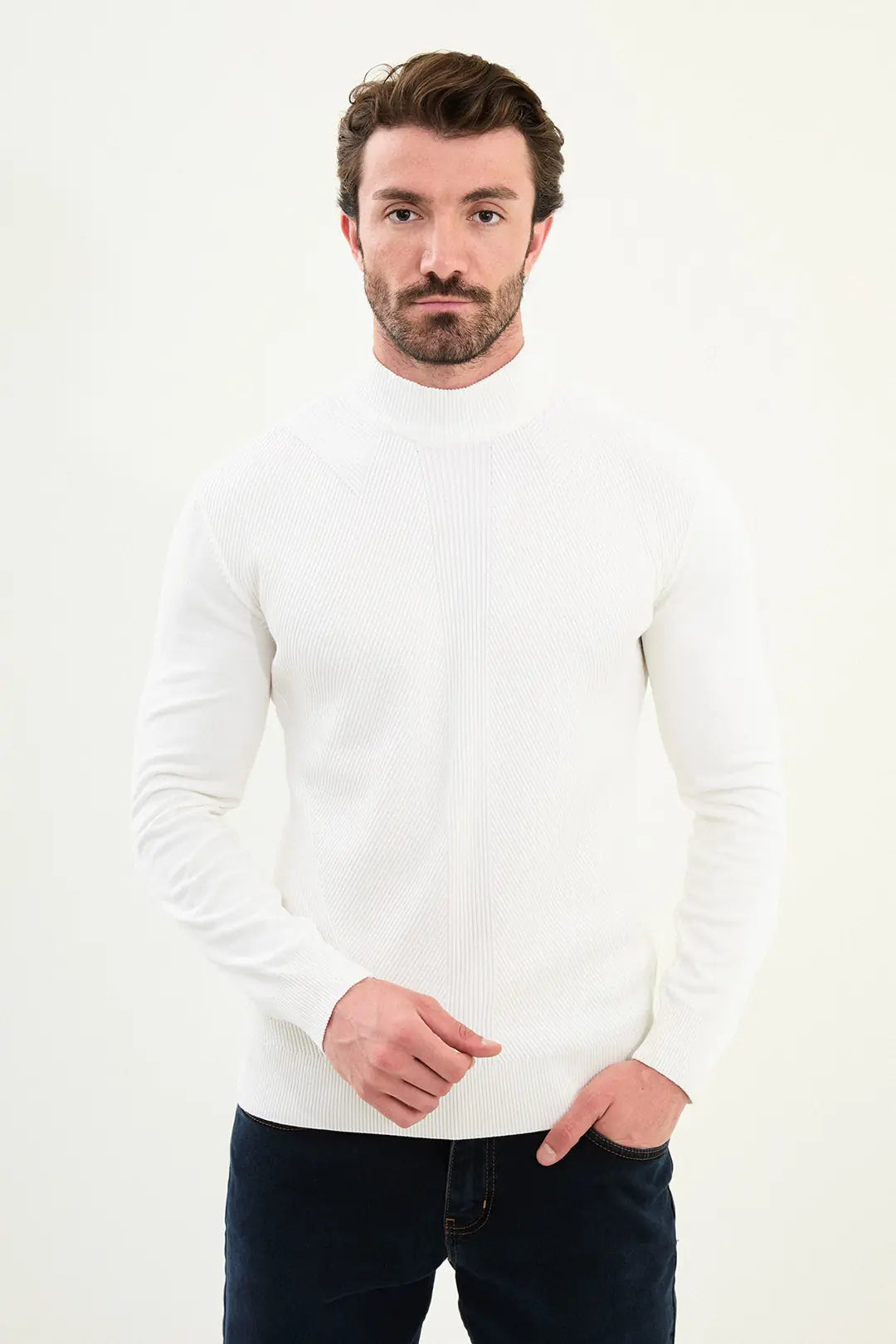 Striped White Mock Turtleneck Sweater