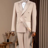 Beige Double Breasted Peak Lapel Tuxedo