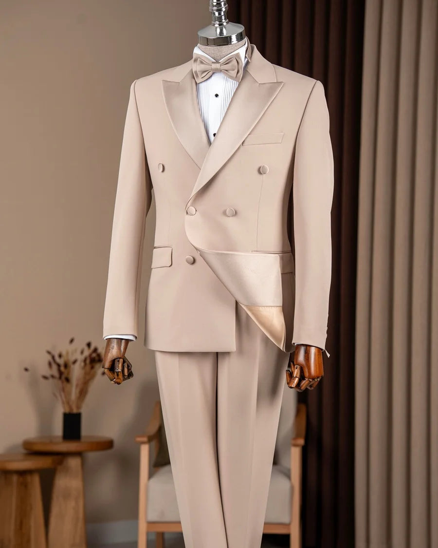 Beige Double Breasted Peak Lapel Tuxedo