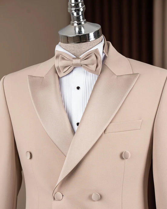 Beige Double Breasted Peak Lapel Tuxedo