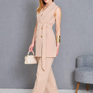 Women Sleeveless Light Brown 2 Piece Suit