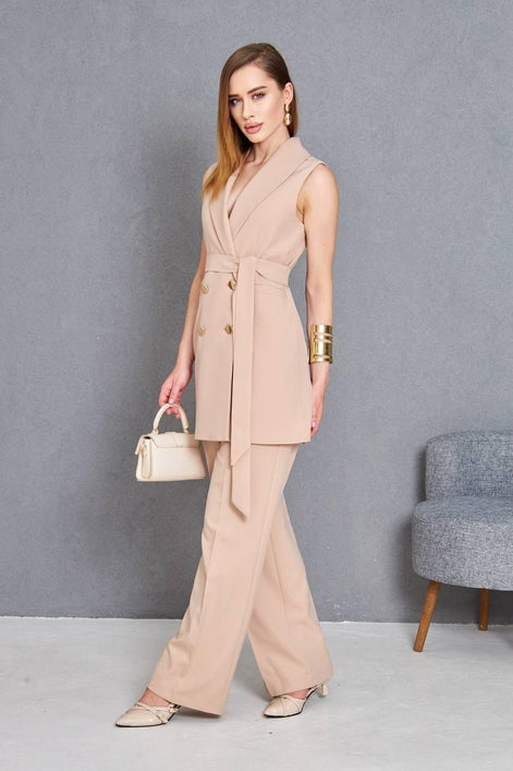 Women Sleeveless Light Brown 2 Piece Suit