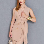 Women Sleeveless Light Brown 2 Piece Suit
