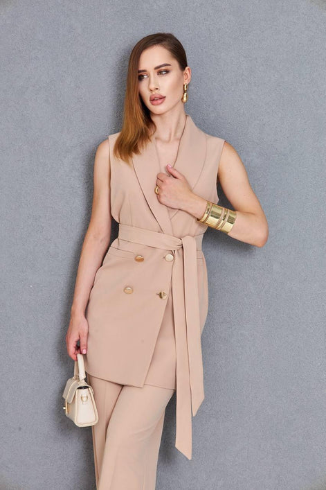 Women Sleeveless Light Brown 2 Piece Suit