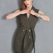 Women Sleeveless Olive Green 2 Piece Suit
