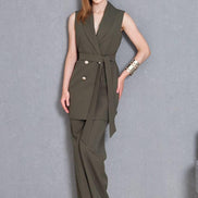 Women Sleeveless Olive Green 2 Piece Suit