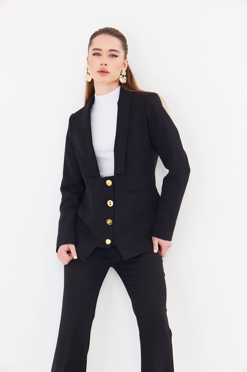 Women's Black Blazer Flare Pants Suit Set