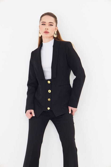 Women's Black Blazer Flare Pants Suit Set