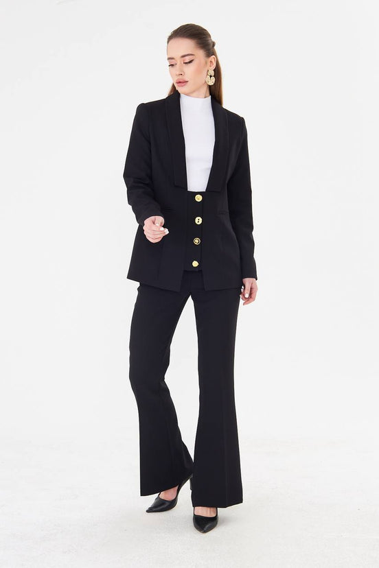 Women's Black Blazer Flare Pants Suit Set