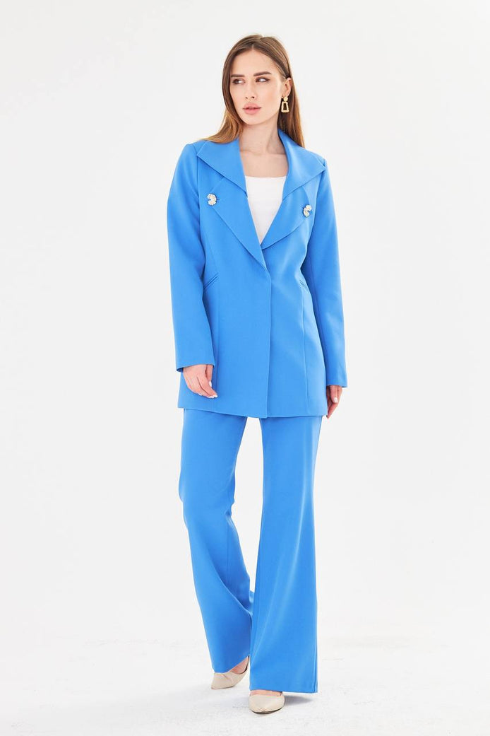 Women's Blue Blazer & Flare Trouser Suit Set