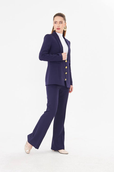 Women's Navy Blue Blazer Flare Pants Suit Set