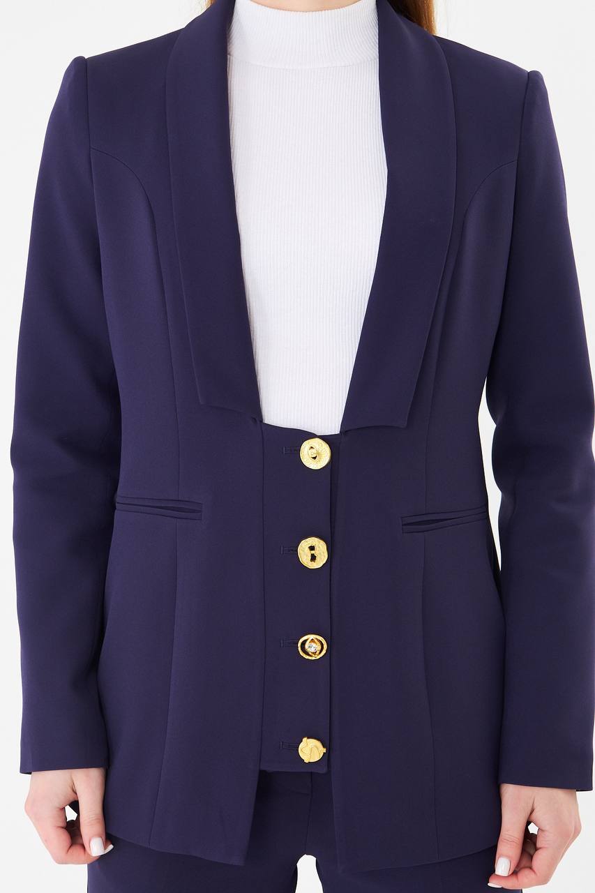 Women's Navy Blue Blazer Flare Pants Suit Set
