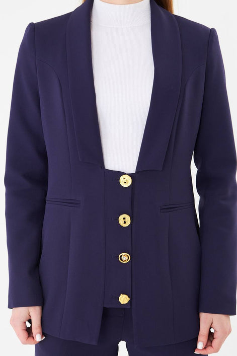 Women's Navy Blue Blazer Flare Pants Suit Set