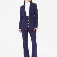 Women's Navy Blue Blazer Flare Pants Suit Set