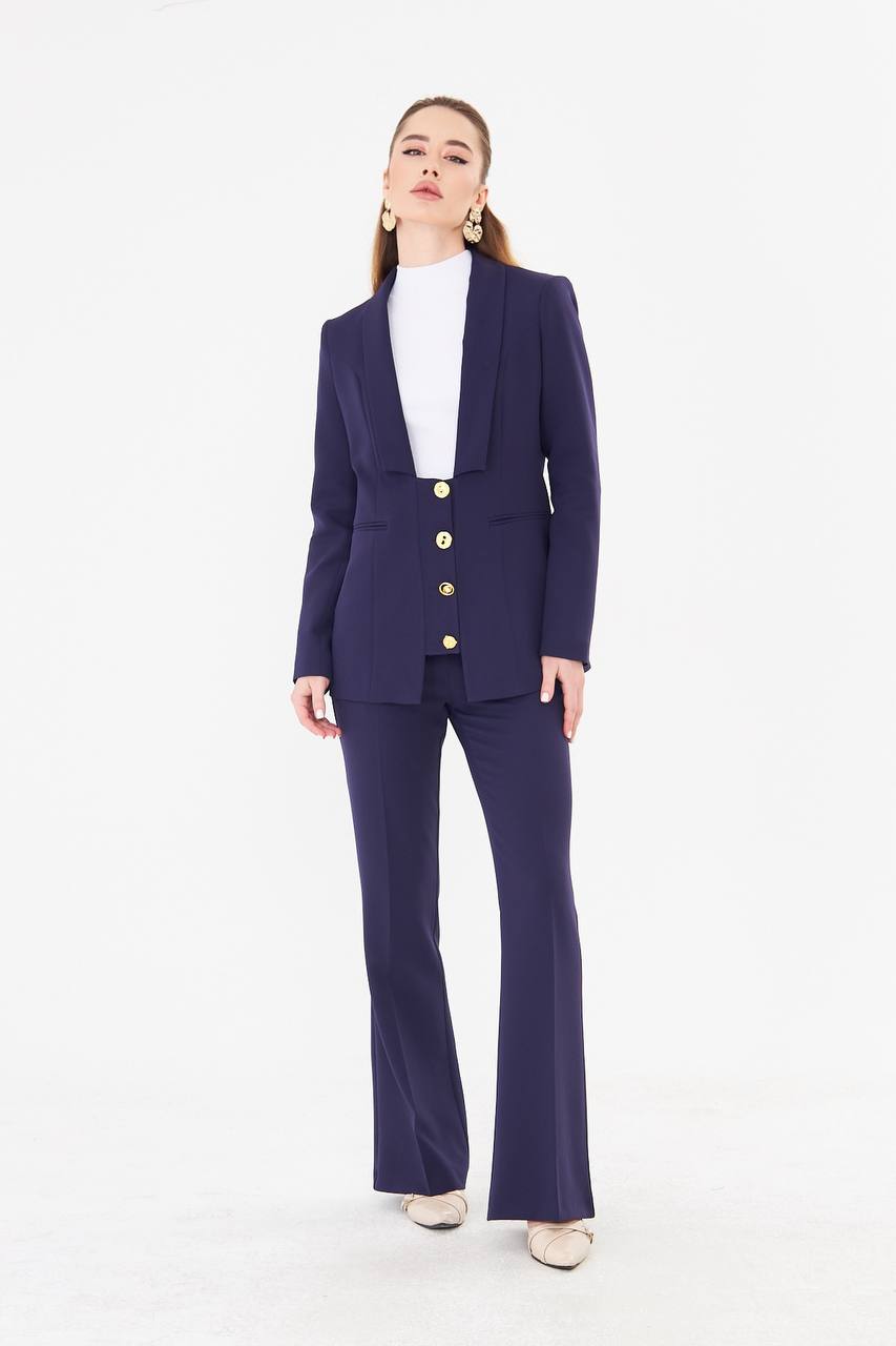 Women's Navy Blue Blazer Flare Pants Suit Set