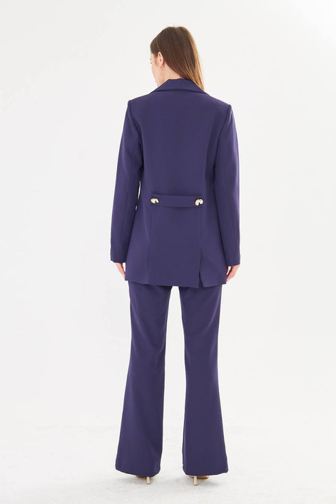 Women's Navy Blue Blazer & Flare Trouser Suit Set