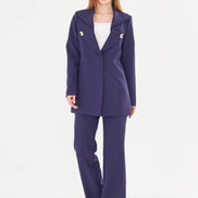 Women's Navy Blue Blazer & Flare Trouser Suit Set