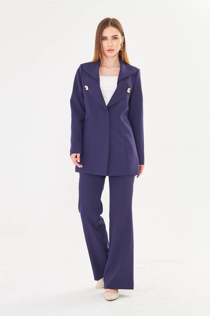 Women's Navy Blue Blazer & Flare Trouser Suit Set