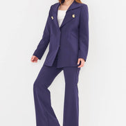 Women's Navy Blue Blazer & Flare Trouser Suit Set