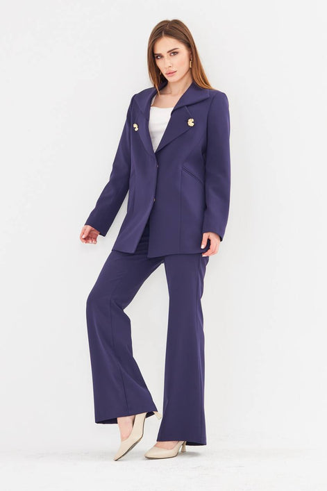 Women's Navy Blue Blazer & Flare Trouser Suit Set