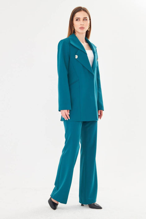 Women's Teal Blazer & Flare Trouser Suit Set