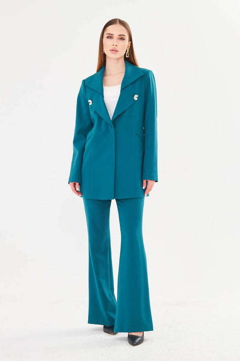 Women's Teal Blazer & Flare Trouser Suit Set