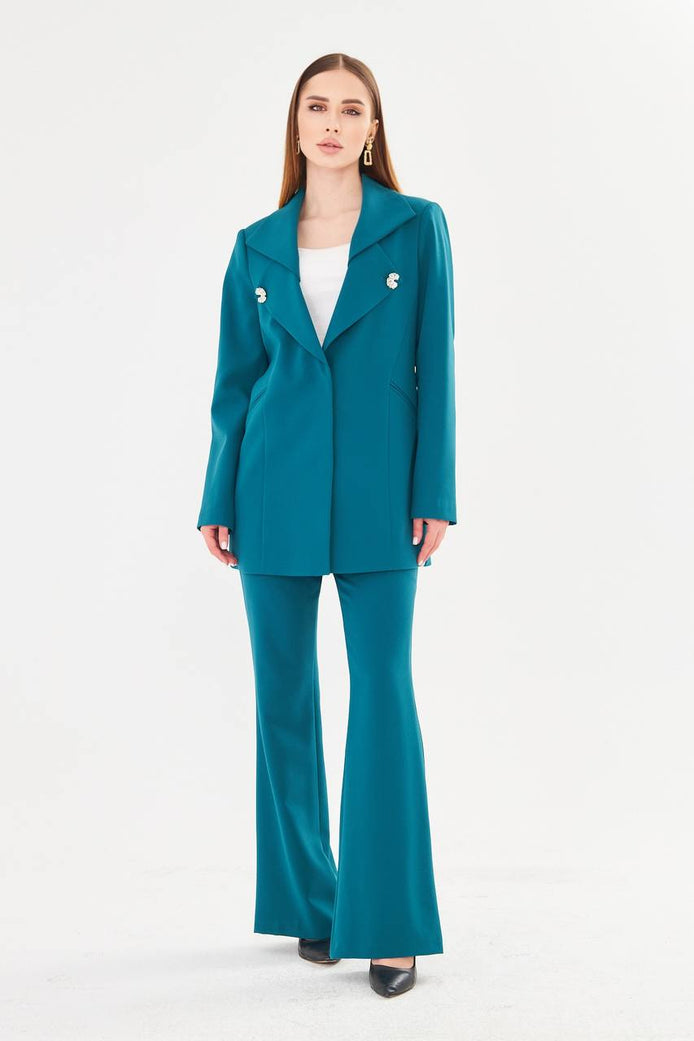 Women's Teal Blazer & Flare Trouser Suit Set