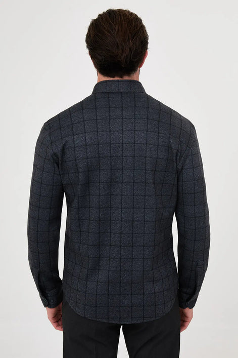 Black Wool Windowpane Check Shirt