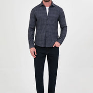 Navy Blue Wool Grid Check Shirt