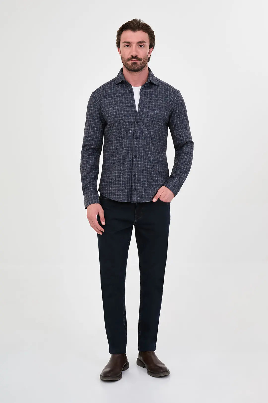 Navy Blue Wool Grid Check Shirt