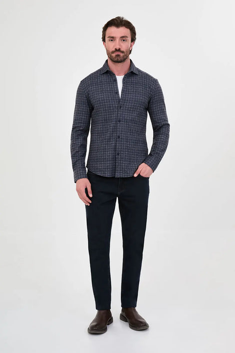Navy Blue Wool Grid Check Shirt