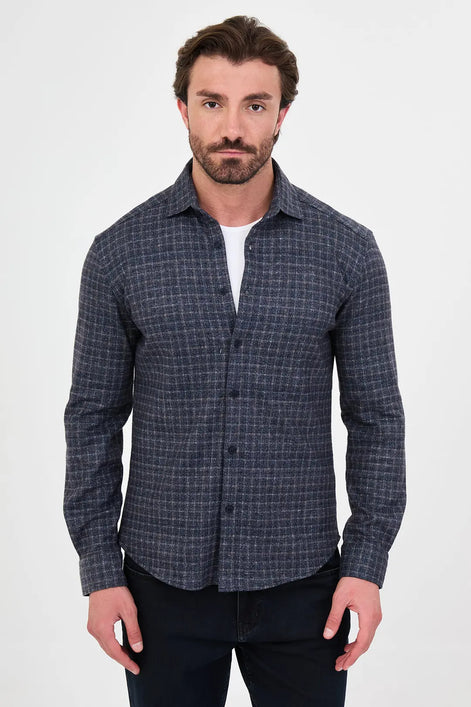 Wool Grid Check Navy Blue