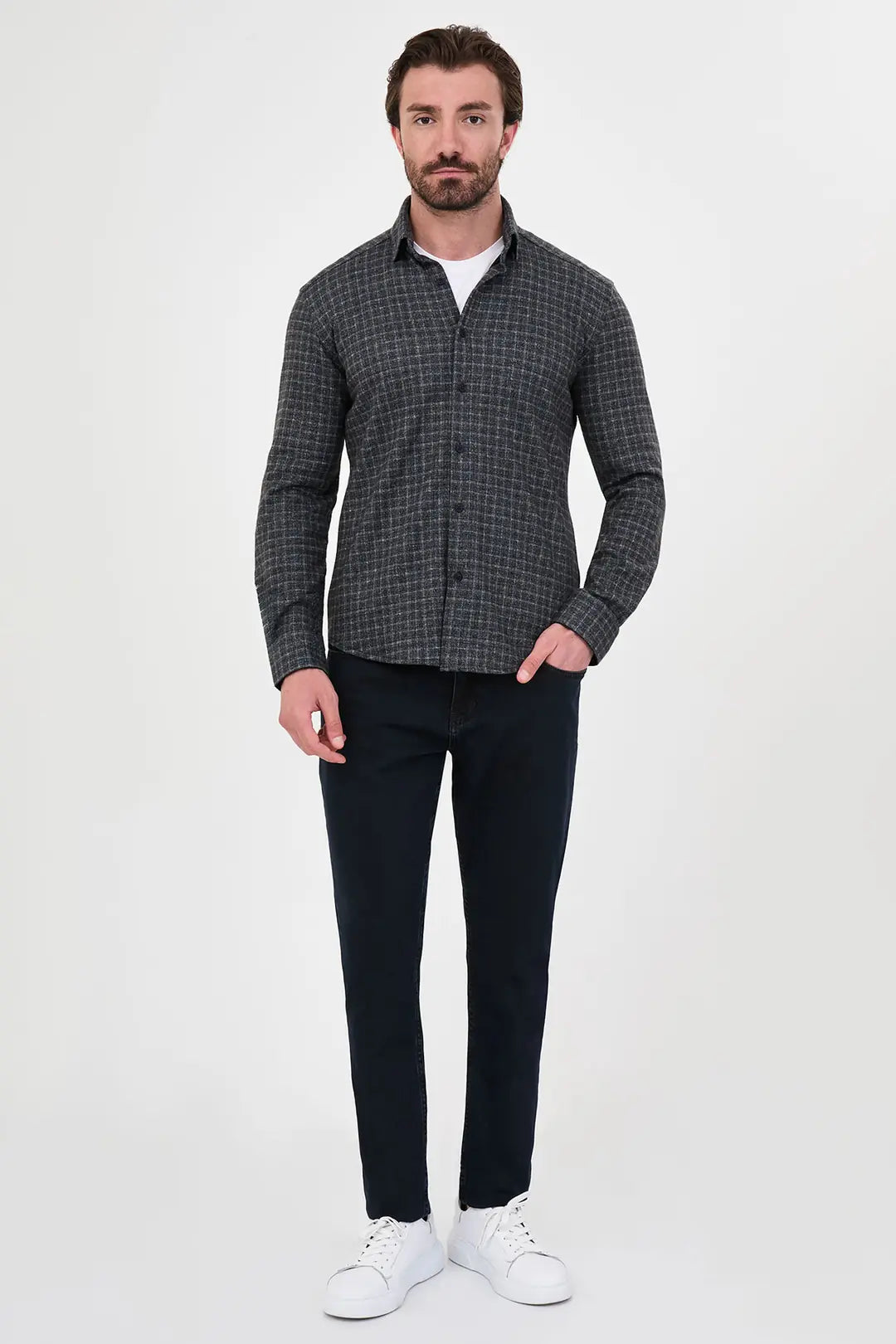 Wool Grid Check Shirt Khaki 